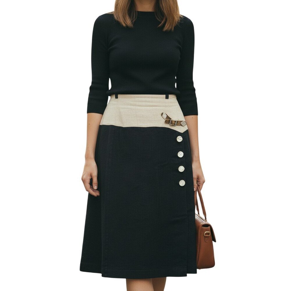 Wolperdinger Skirt Womens 10 EU 42 Black Tan Bavarian Side Slit Midi Cottagecore